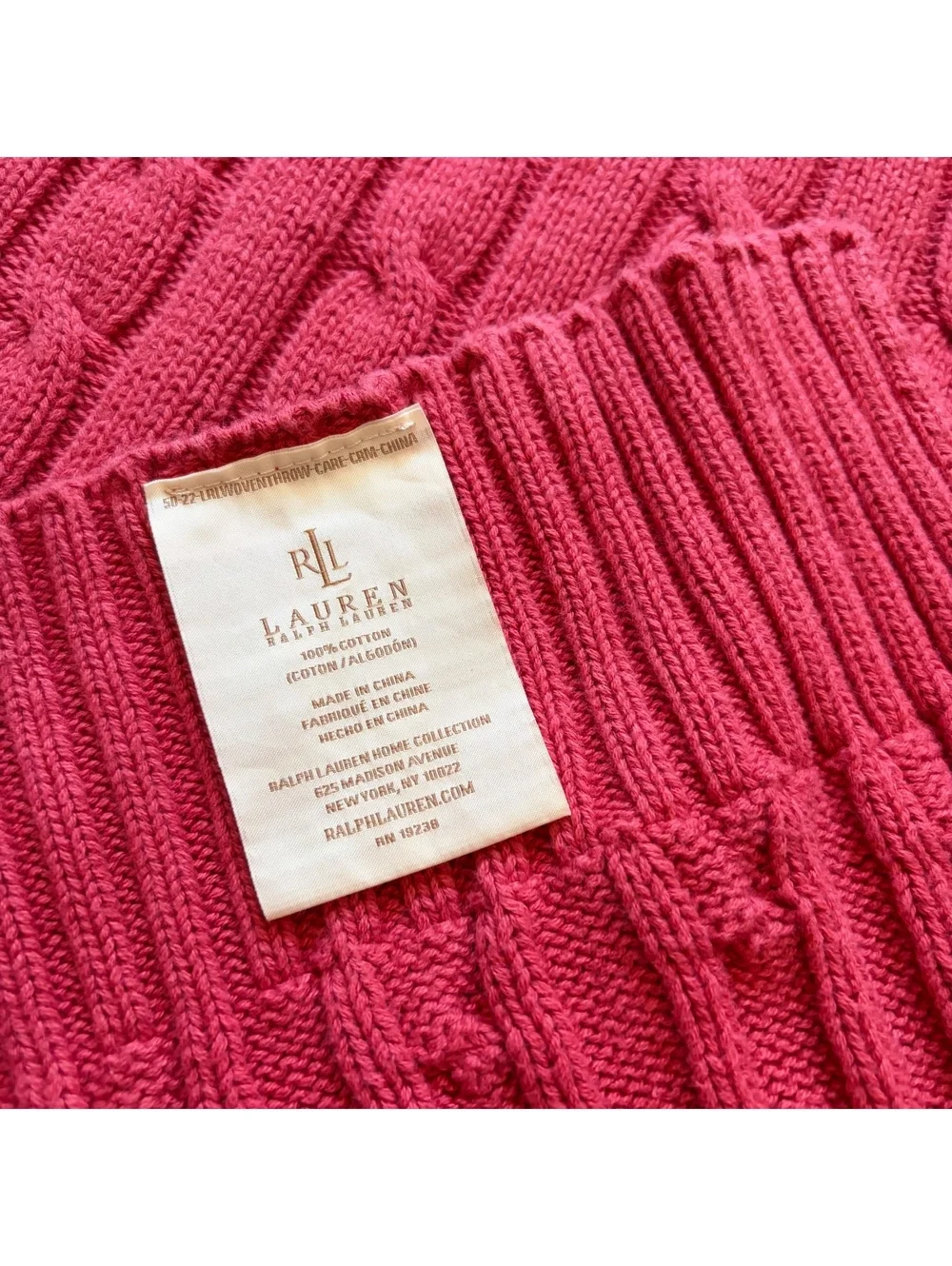 Lauren Ralph Lauren Cable-Knit Throw Blanket LRL Soft Cozy Cotton Red 50